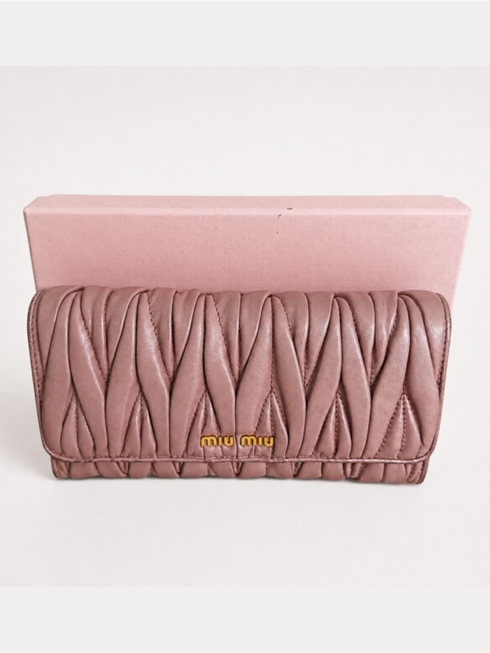 Miu Miu Matelasse Continental Long Wallet Cammeo GHW w/ Box + COA Authenticated